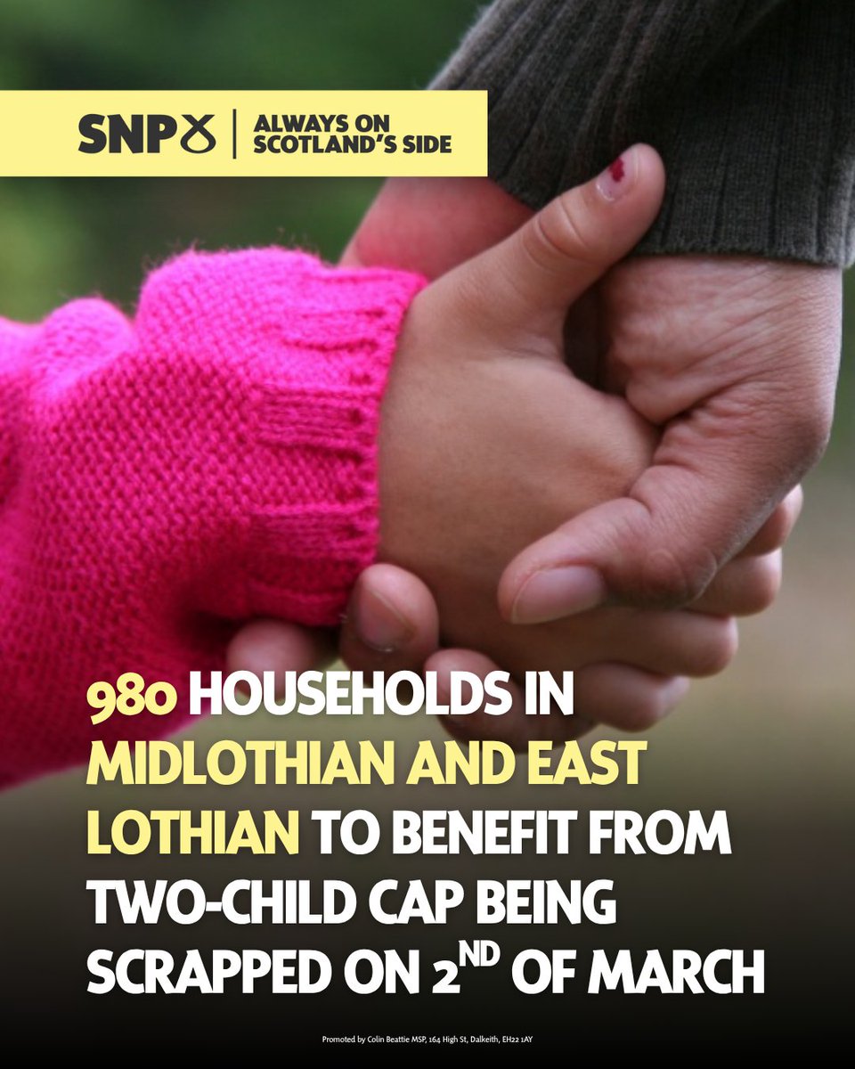 👨‍👩‍👧‍👦980 families in Mid and East Lothian will benefit from SNP action to mitigate the Labour UK Governments two child cap.

💛While the UK Government keep children in poverty, the SNP will move towards eradicating child poverty in Scotland. 

📰Press Release
colinbeattiemsp.org/constituency-n…