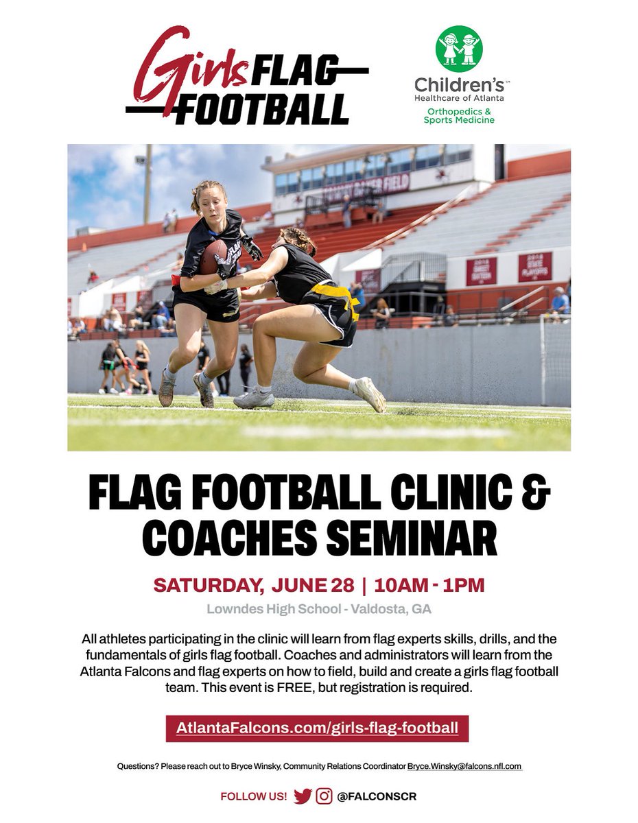 FalconsCR's tweet image. Less than two weeks away!
Register Here: atlantafalcons.com/girls-flag-foo…