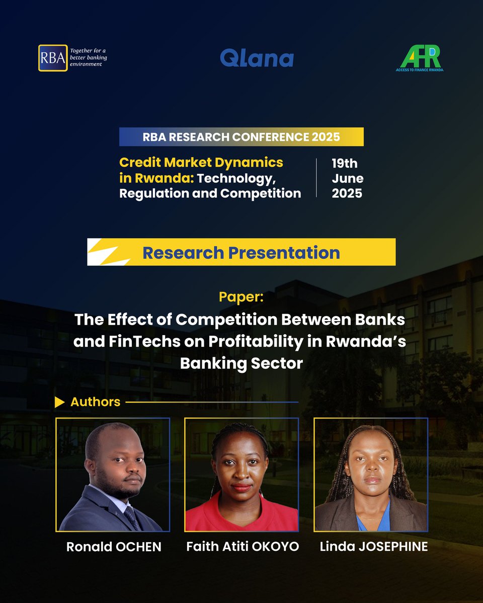 Uganda Bankers’ Association (@ugbankers) on Twitter photo On Thursday 19th June 2025, our Senior Research Officer, <a href="/OchenRonald/">Ronald Ochen @Wod Acholi</a> will present paper titled, "The Effect of Competition Between Banks and FinTechs on Profitability in Rwanda's Banking Sector" at the Annual Banking Research Conference organized by the Rwanda Bankers On Thursday 19th June 2025, our Senior Research Officer, <a href="/OchenRonald/">Ronald Ochen @Wod Acholi</a> will present paper titled, "The Effect of Competition Between Banks and FinTechs on Profitability in Rwanda's Banking Sector" at the Annual Banking Research Conference organized by the Rwanda Bankers