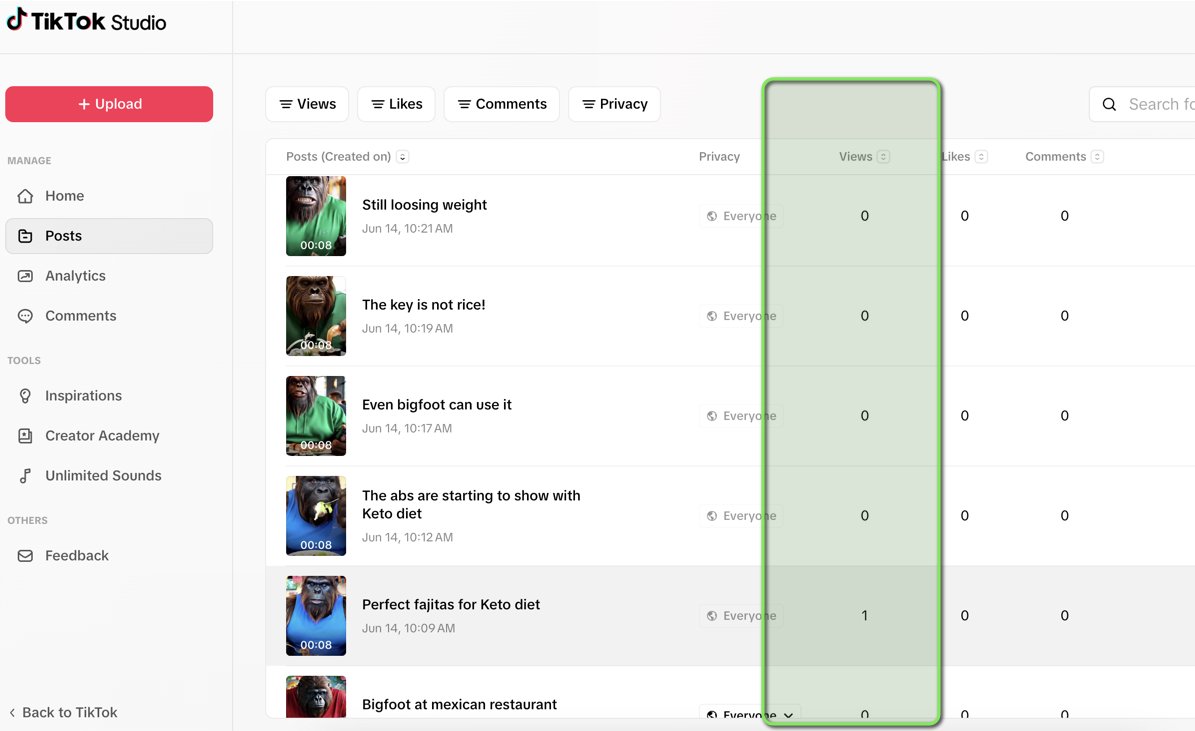 rautility's tweet photo. Just launched https://t.co/NAwDYgsa4n => spun up a TikTok channel with Veo3-generated vids riding the bigfoot trend. everyone else bigfoot  is hitting millions of views^ my feed’s crickets. Looking to crack the algo! https://t.co/PRo0uMG9vg