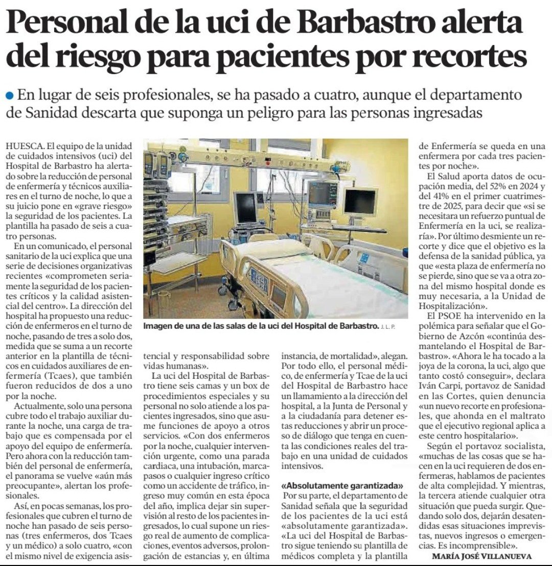 La UCI del Hospital de Barbastro en mínimos y en riesgo la salud de los pacientes. 

¿No aprendimos durante la pandemia lo importante que son las UCI o lo hemos olvidado?