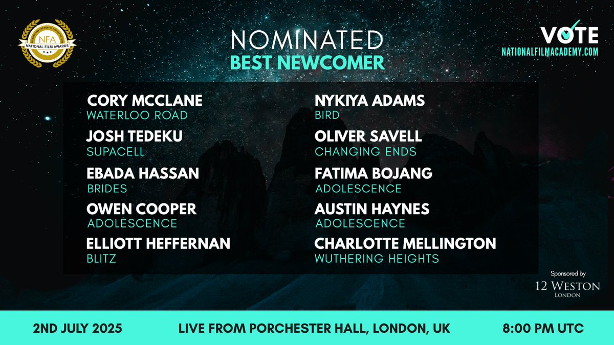Spotlight on the rising stars. Discover the #BestNewcomer nominees sponsored by #12westonLondon for the 11th #NationalFilmAwardsUK! 🌟 Register &amp; vote now at nationalfilmacademy.com #NFAUK2025