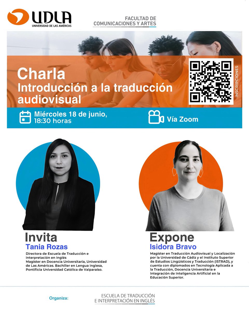 🎧 ¿Sabes cómo funciona la traducción en películas, series y videojuegos?
Te invitamos a la charla Introducción a la traducción audiovisual con la experta Isidora Bravo.
🗓️ Miércoles 18 de junio · 18:30 h
💻 Modalidad online
👉 bit.ly/3HJ51M3
#ComunicadoresUDLA