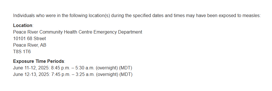 Alberta Health Services has been notified of people with confirmed measles in the North Zone who have been in a public setting while infectious. Additional locations may be released if necessary. Learn more: albertahealthservices.ca/news/Page19120…