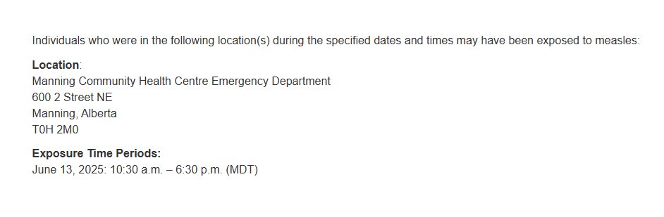 Alberta Health Services has been notified of people with confirmed measles in the North Zone who have been in a public setting while infectious. Additional locations may be released if necessary. Learn more: albertahealthservices.ca/news/Page19119…