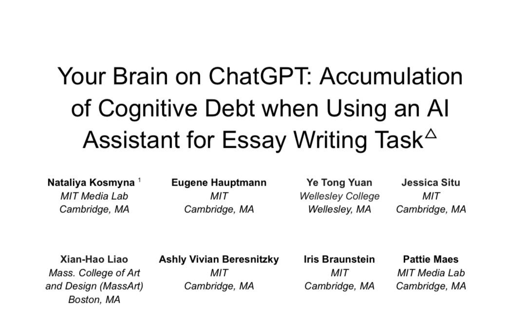 🔸دراسة مهمة 🔸

هل استخدام ChatGPT يضعف ذاكرتك؟
هل يقلل من إحساسك بامتلاك أفكارك؟ أو يغيّر طريقة عمل دماغك؟

دراسة علمية من MIT أجابت على هذه الأسئلة بأدلة من تخطيط الدماغ EEG وتحليل لغوي عميق

التفاصيل👇🏻