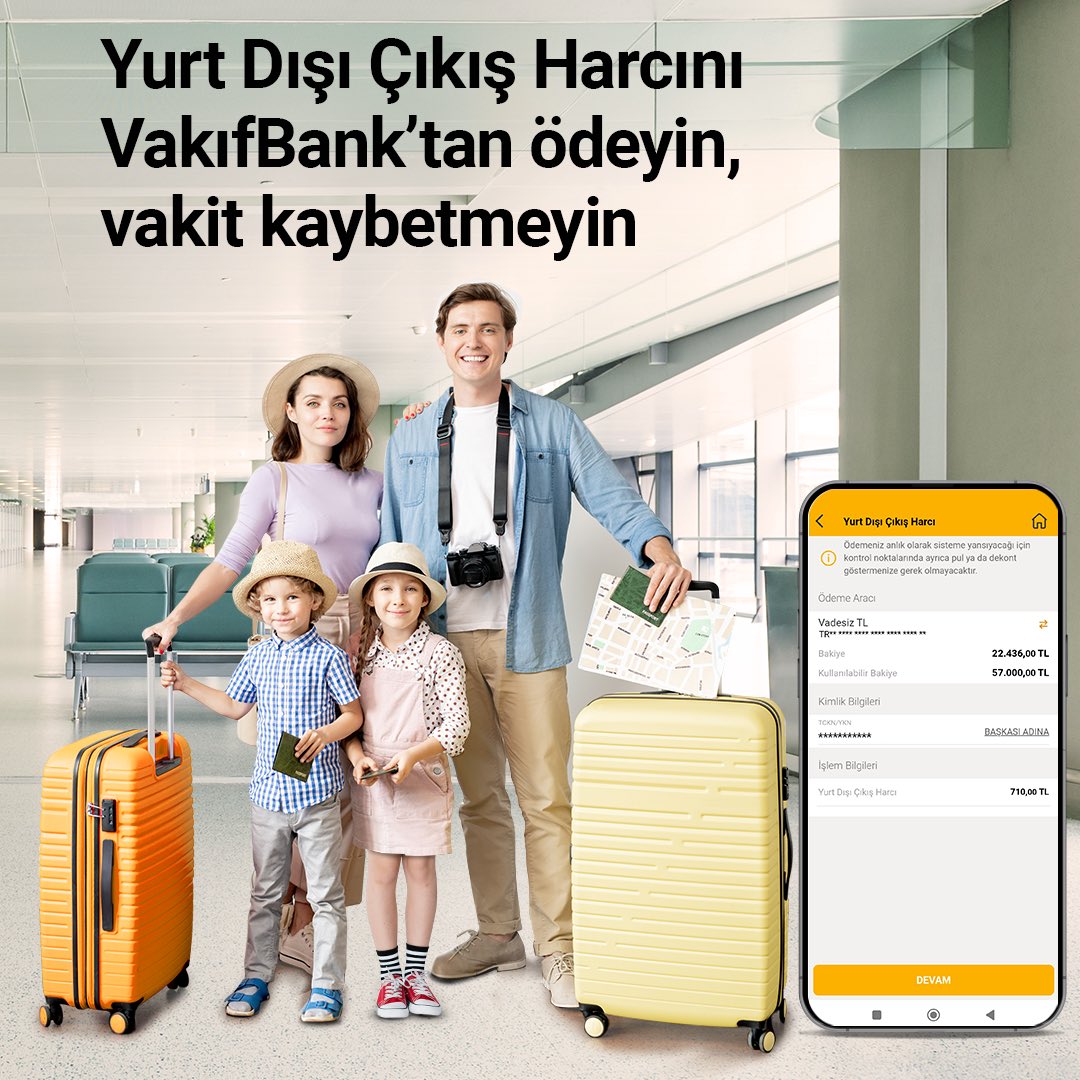 Yurt Dışı Çıkış Harcı ödemenizi, şubeye gitmeden VakıfBank Mobil veya internet bankacılığından kolayca gerçekleştirebilirsiniz. Detaylı bilgi için vakifbank.com.tr sitemizi ziyaret edebilirsiniz. #DaimaSeninle