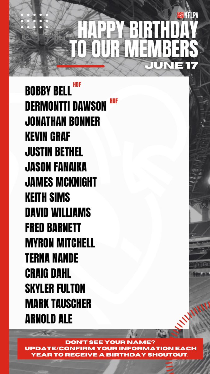 NFLPA Former Players (@nflpafmrplayers) on Twitter photo Happy birthday to our members <a href="/The_Realest55/">Jonathan Bonner</a> @Kevingraf77 <a href="/Jbet26/">Justin bethel</a> @Jayfita51 @jamesmcknight80 @NexGenExcursion <a href="/MrSleeper5/">Mitch</a> <a href="/CraigDahl43/">Craig Dahl</a> @SkylerFulton @marktauscher65 @coachaale <a href="/DermonttiDawson/">Dermontti Dawson</a> - we hope this year is the best one yet! Happy birthday to our members <a href="/The_Realest55/">Jonathan Bonner</a> @Kevingraf77 <a href="/Jbet26/">Justin bethel</a> @Jayfita51 @jamesmcknight80 @NexGenExcursion <a href="/MrSleeper5/">Mitch</a> <a href="/CraigDahl43/">Craig Dahl</a> @SkylerFulton @marktauscher65 @coachaale <a href="/DermonttiDawson/">Dermontti Dawson</a> - we hope this year is the best one yet!