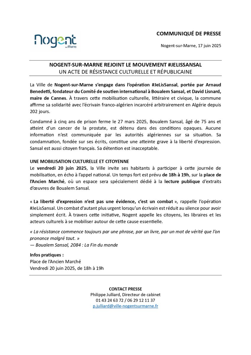 Comité de soutien international à Boualem Sansal (@csoutienbs) on Twitter photo Dans le département du Val-de-Marne, en Île-de-France, Nogent-sur-Marne #LisSansal.
📖 Dès le 20 juin, toute la France #LisSansal.
#JeLisSansal <a href="/DebMunzer/">Déborah Münzer</a> <a href="/JacquesJPMartin/">Jacques JP Martin</a> <a href="/Nogent94130/">Nogent-sur-Marne</a> Dans le département du Val-de-Marne, en Île-de-France, Nogent-sur-Marne #LisSansal.
📖 Dès le 20 juin, toute la France #LisSansal.
#JeLisSansal <a href="/DebMunzer/">Déborah Münzer</a> <a href="/JacquesJPMartin/">Jacques JP Martin</a> <a href="/Nogent94130/">Nogent-sur-Marne</a>