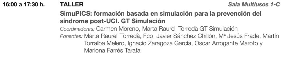 Taller "SimuPICS: formación basada en simulación para la prevención del síndrome post-UCI" <a href="/GT_Simul_SEEIUC/">GT Simulación - SEEIUC</a> #SEEIUC2025