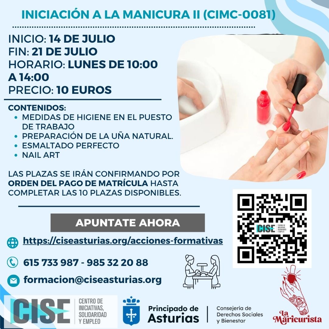 Desde CISE, compartimos la convocatoria de un curso de INICIACIÓN A LA MANICURA II, de nuevo a cargo de @lamaricurista, esta vez dirigido a personas que tengan ya nociones básicas de manicura. Serán dos sesiones de 4 horas cada sesión. Más información en: ciseasturias.org/acciones-forma…