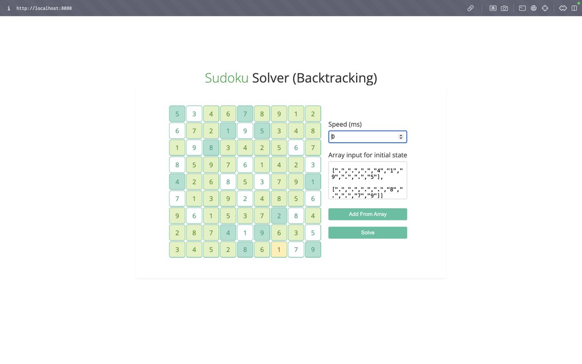 VGladston37129's tweet image. 🧩 Watch as our smart algorithm solves this Sudoku puzzle step by step using backtracking!
trying, checking, and backtracking whenever it hits a dead end.
A true example of how algorithms mimic human thinking!
#SudokuSolver #Backtracking #AlgorithmInAction #CodingVisualization
