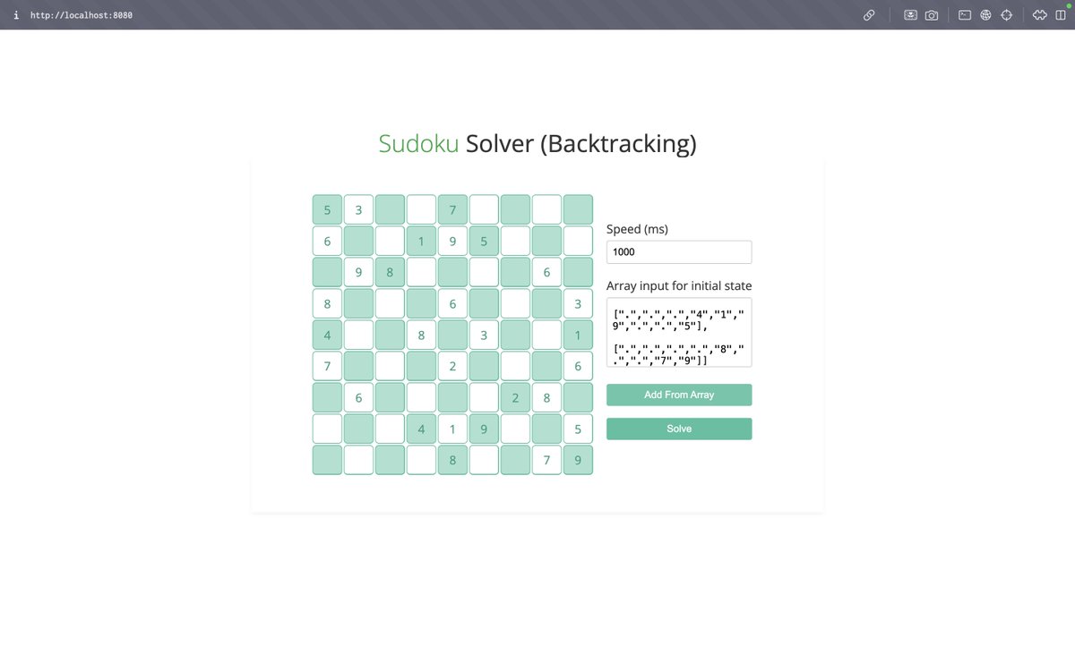 VGladston37129's tweet image. 🧩 Watch as our smart algorithm solves this Sudoku puzzle step by step using backtracking!
trying, checking, and backtracking whenever it hits a dead end.
A true example of how algorithms mimic human thinking!
#SudokuSolver #Backtracking #AlgorithmInAction #CodingVisualization
