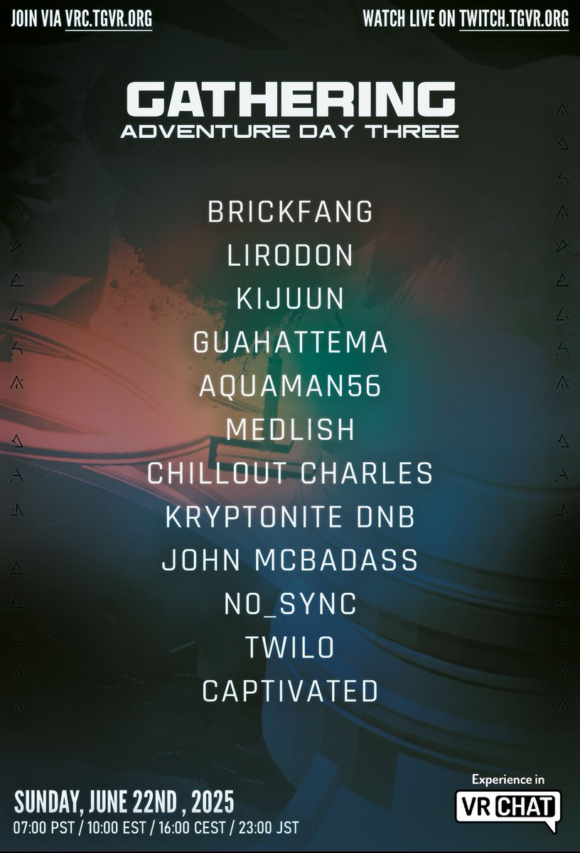 As this year's journey draws to a close, we're not quite ready to stow away our adventure gear just yet. We have three more days filled with positivity and excitement ahead. 

We are proudly presenting the first wave of outstanding artists! 
#VRChat #VRChatCommunity #GatheringVR