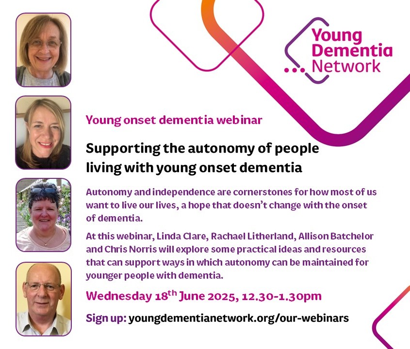 Young Dementia Network (@youngdemnetwork) on Twitter photo It’s not too late to sign-up for our webinar on Wednesday 18th June 2025.
Panellists <a href="/prof_lindaclare/">linda clare</a>, <a href="/RachaelLit67497/">Rachael Litherland</a>, Allison Batchelor and Chris Norris will explore practical ideas and resources that support ways in which autonomy can be maintained for younger people with It’s not too late to sign-up for our webinar on Wednesday 18th June 2025.
Panellists <a href="/prof_lindaclare/">linda clare</a>, <a href="/RachaelLit67497/">Rachael Litherland</a>, Allison Batchelor and Chris Norris will explore practical ideas and resources that support ways in which autonomy can be maintained for younger people with