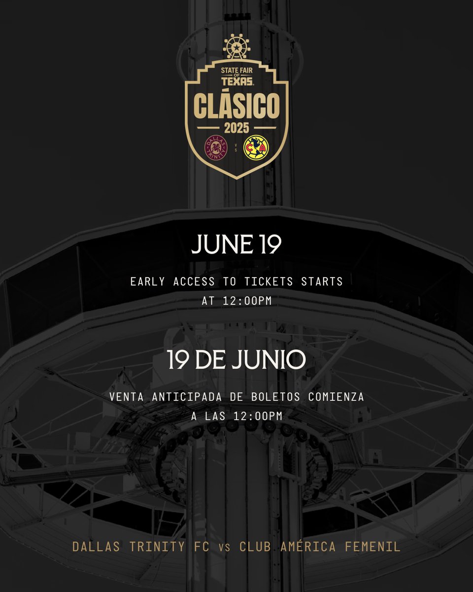 dallastrinityfc's tweet photo. The stage is set. 🤩
On October 18, we’ll face Mexico’s biggest club under Big Tex’s watchful eyes in the inaugural State Fair of Texas Clásico.
Don’t miss this epic matchup—register now for early access to tickets, which include entry to the fairgrounds so you can turn your match day into a fair day!

🎡 State Fair of Texas Clásico
📅 October 18, 2025
⚽️ Dallas Trinity FC vs @AmericaFemenil 
🔗 https://t.co/uh0tEmSfiE

El escenario está listo. 🤩
El 18 de octubre enfrentaremos al club más grande de México bajo la mirada de Big Tex, en el primer Clásico de la Feria Estatal de Texas.
No te pierdas este partidazo—regístrate ahora para entrar a la venta anticipada de boletos, que también incluyen tu entrada a la feria. ¡Así podrás convertir tu día de partido en un día de feria!