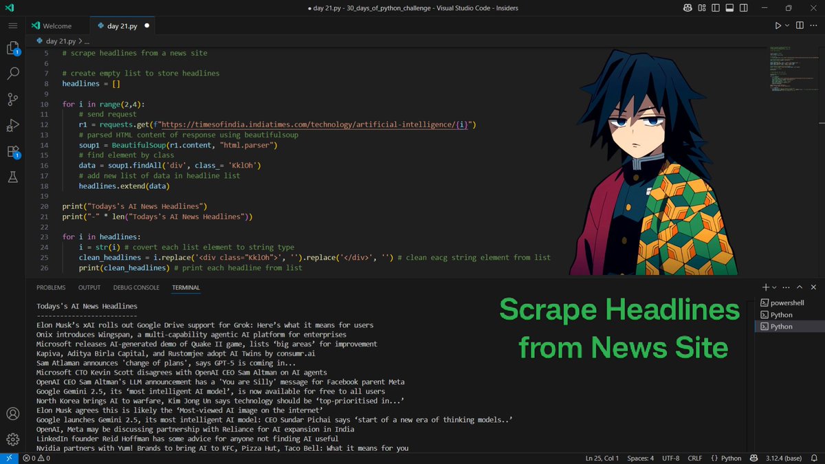vini_pa99796's tweet image. 🕸️ Day 21 of #30DaysofPython Challenge by IDC!
Revisiting WebScraping after learning it in IBM’s course!
✅ Practiced scraping Flipkart product details
🧠 Challenge: Scrape headlines from a news site
Loving the return to this powerful skill!
#IDC30DaysChallenge
