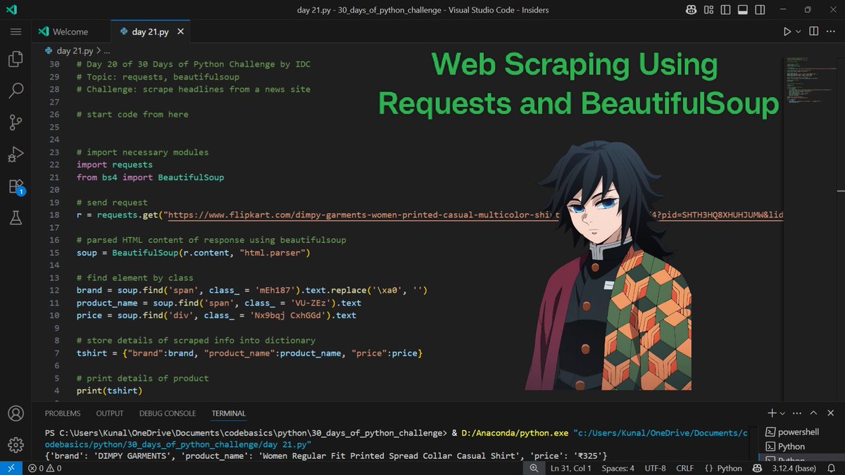 vini_pa99796's tweet image. 🕸️ Day 21 of #30DaysofPython Challenge by IDC!
Revisiting WebScraping after learning it in IBM’s course!
✅ Practiced scraping Flipkart product details
🧠 Challenge: Scrape headlines from a news site
Loving the return to this powerful skill!
#IDC30DaysChallenge