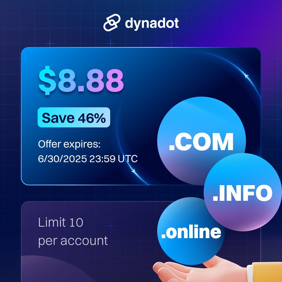 Thinking of launching a brand? Here's a smart move: grab an exact-match .COM, .INFO, and .ONLINE domain bundle for $8.88 until 6/30!

Get access to Dynadot's full starter kit: free email, website builder, domain privacy, and powerful management tools.➡️ dyna.me/jcusttd