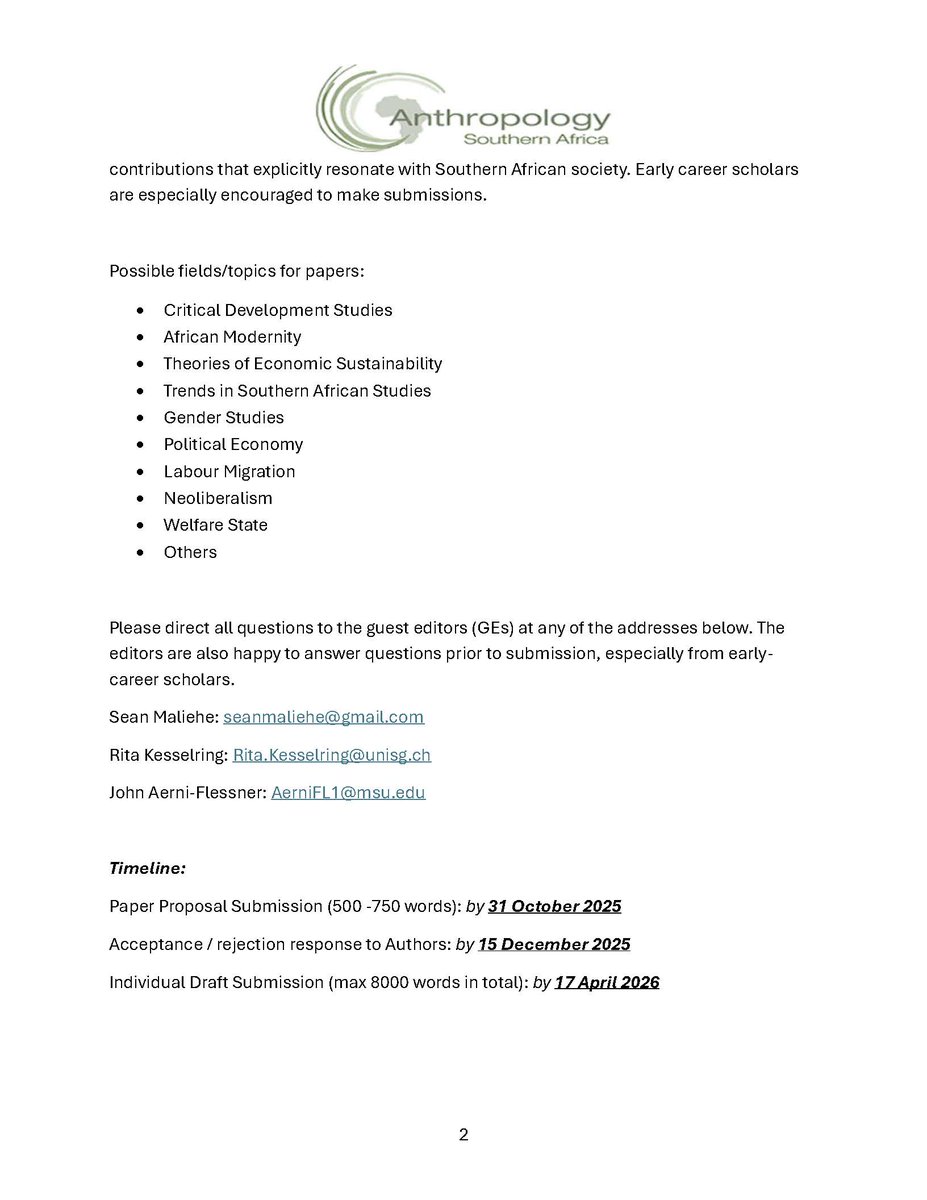 John Aerni-Flessner (@lesothojohn) on Twitter photo Call for papers: Special issue of Anthropology Southern Africa (<a href="/AsnaInfo/">Anthropology Southern Africa Association (ASnA)</a> ) on the: Legacy of James #Ferguson
Abstracts due by 31 Oct. I am serving as co-guest editor and happy to answer questions. Encouraging early career scholars from Southern Africa! Call for papers: Special issue of Anthropology Southern Africa (<a href="/AsnaInfo/">Anthropology Southern Africa Association (ASnA)</a> ) on the: Legacy of James #Ferguson
Abstracts due by 31 Oct. I am serving as co-guest editor and happy to answer questions. Encouraging early career scholars from Southern Africa!