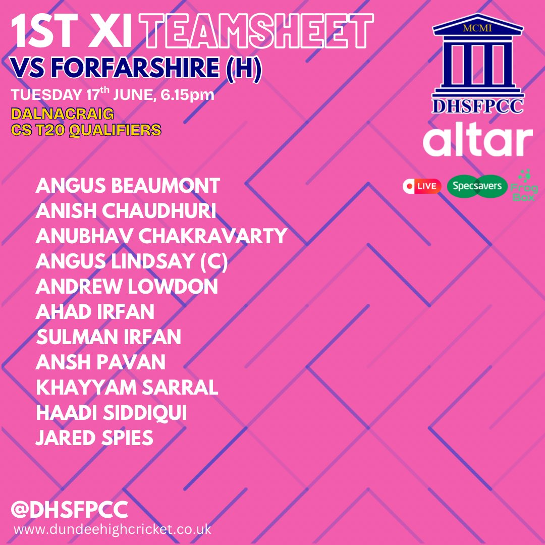 Tonight’s 1st XI to take on Forfarshire at Dalnacraig in the CS T20 Qualifiers.

Live on Specsavers 🐸📦: youtube.com/live/wfnvZPcRb…

#CODH