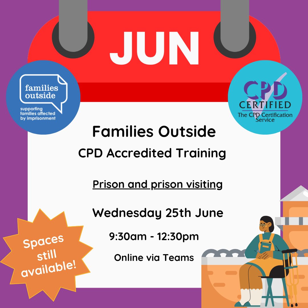 📚 Upcoming training - Prison and Prison Visiting!

Join Families Outside for an essential session:
🏛️ Understand the Scottish prison estate
💙 Learn how families stay connected
🤝 Discover support available for families within prison

🎟️ Sign up now: familiesoutside.org.uk/training-event…