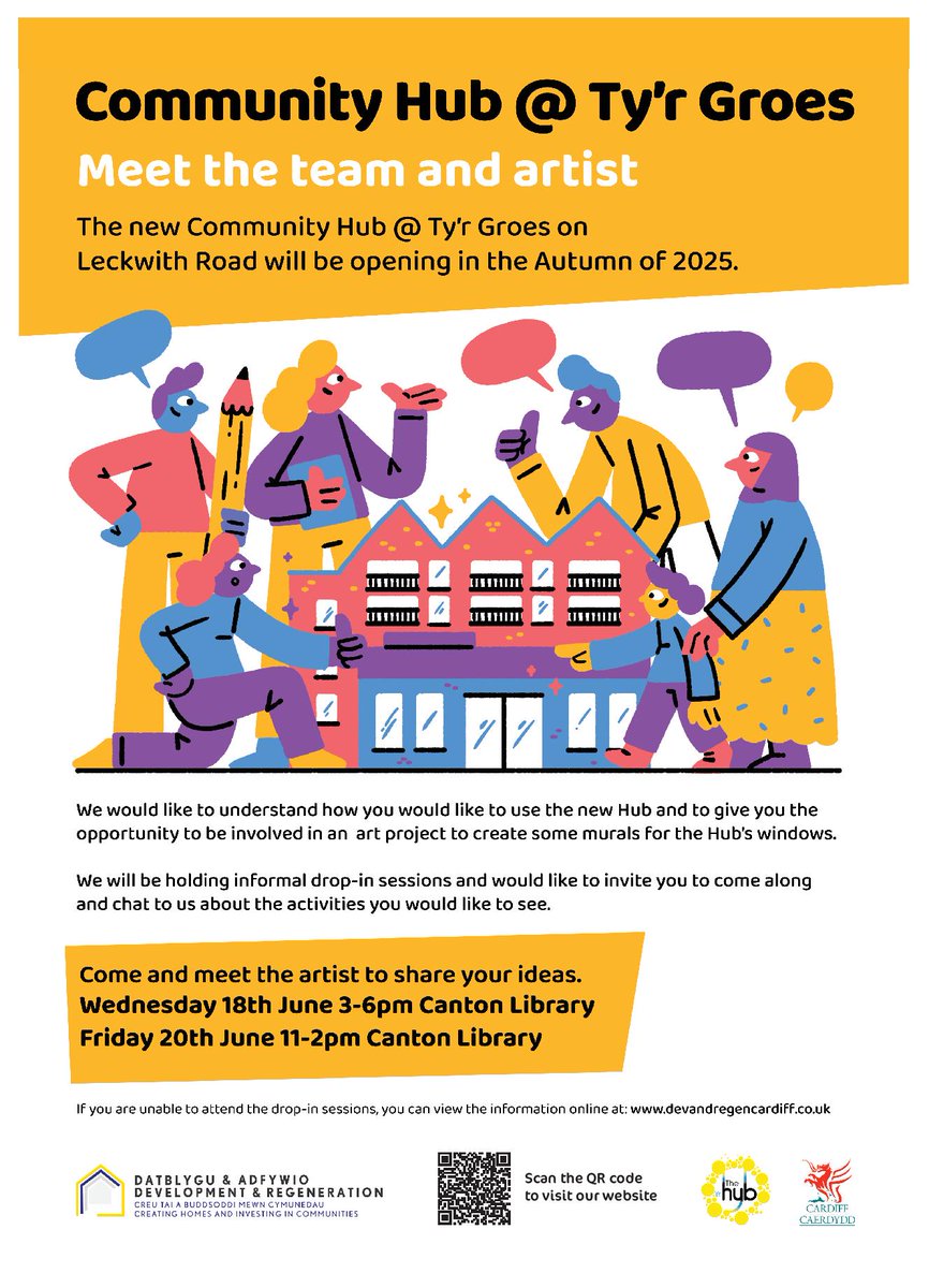 Our new Community Living scheme Ty’r Groes on Leckwith Rd, which opens later this year, will have a new community hub.

Pop along to our drop-in sessions this week to tell us how you'd like to use the new hub, and for the opportunity to be involved in an art project.