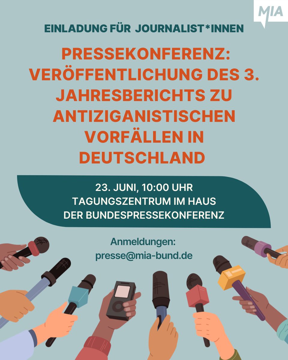 Nur für Pressevertreter*innen: Wir laden zur Pressekonferenz anlässlich  der Veröffentlichung unseres 3. Jahresberichts zu antiziganistischen  Vorfällen in Deutschland ein! 
Montag, 23. Juni, 10:00 Uhr, Haus der BPK
Livestream: pressekonferenz.tv
Frühstück inklusive