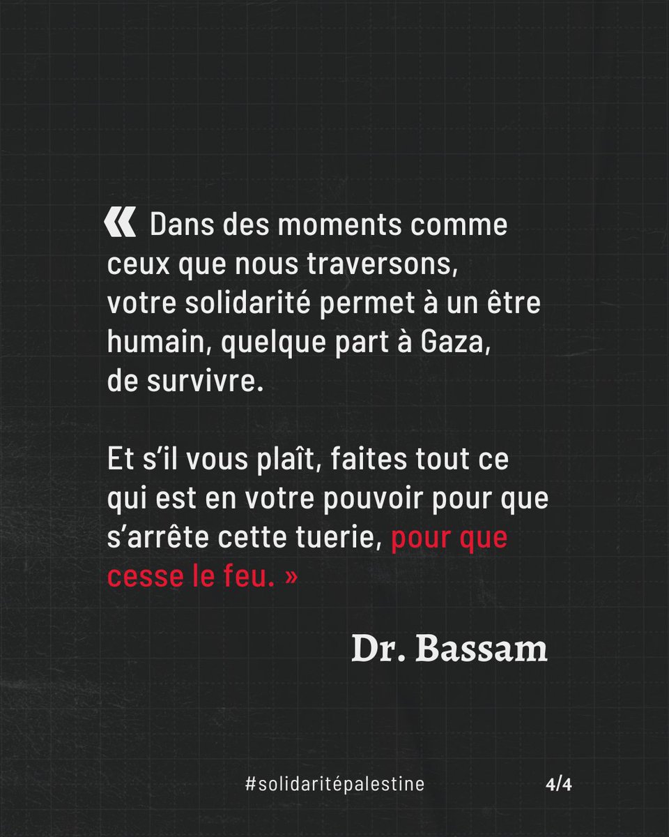 À #Gaza, vous êtes un espoir.
Le Dr Bassam et les 69 équipes de soignants du PMRS, notre partenaire palestinien, continuent à soigner 65 000 personnes/semaine, malgré les bombardements, les pénuries et les routes coupées. 👉 Faites un don : don.secourspopulaire.fr/palestine