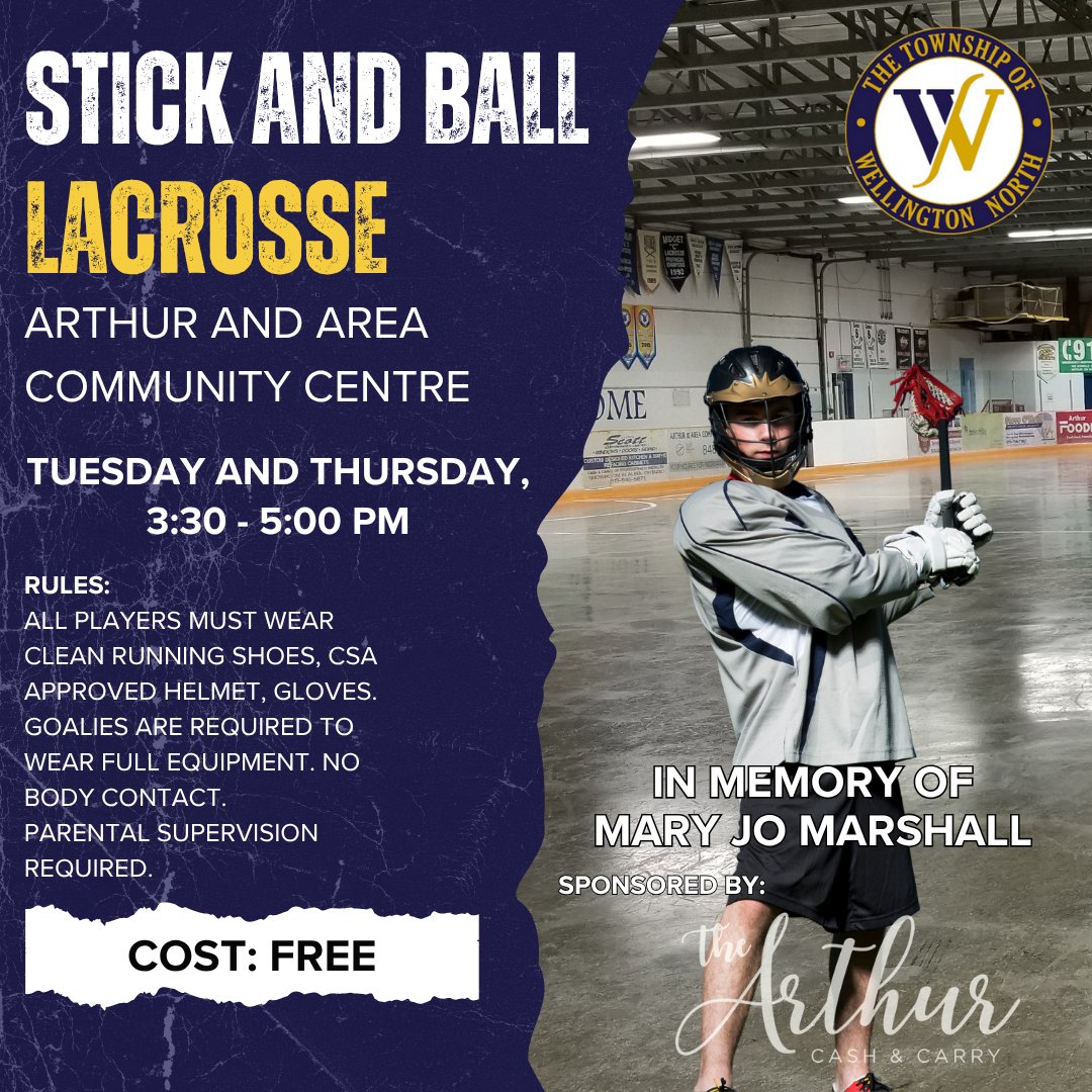 Twp Well North (@twpwellnorth) on Twitter photo π₯ Got skills to sharpen (without wrecking the garage)?
Join us for FREE drop-in Stick & Ball (Lacrosse)!
π Arthur & Area Community Centre
ποΈ Tues & Thurs | π 3:30β5:00 PM
π Sponsored by Arthur Cash & Carry in memory of Mary Jo Marshall
π Details: wellington-north.com/community/progβ¦ π₯ Got skills to sharpen (without wrecking the garage)?
Join us for FREE drop-in Stick & Ball (Lacrosse)!
π Arthur & Area Community Centre
ποΈ Tues & Thurs | π 3:30β5:00 PM
π Sponsored by Arthur Cash & Carry in memory of Mary Jo Marshall
π Details: wellington-north.com/community/progβ¦
