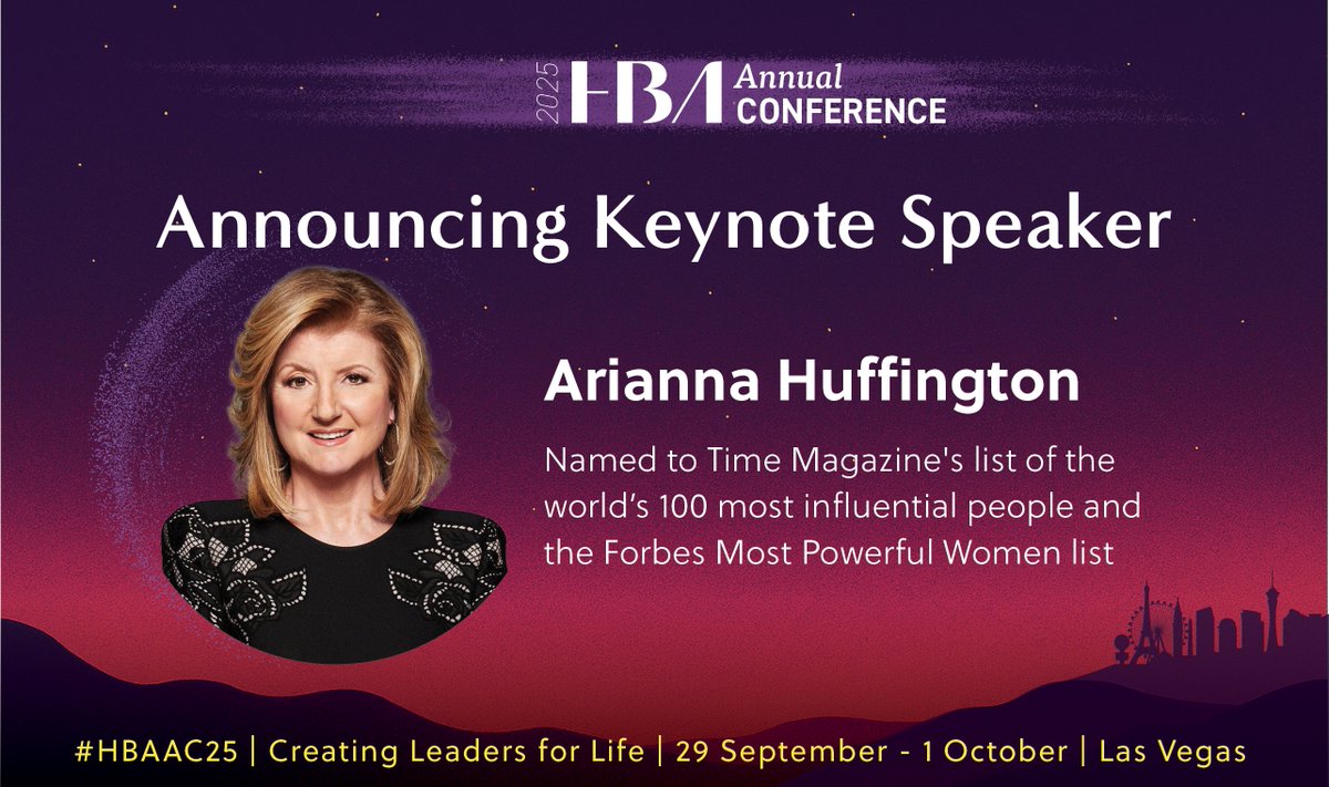 HBAnet (@hbanet) on Twitter photo We are excited to announce that <a href="/ariannahuff/">Arianna Huffington</a> is taking the stage at #HBAAC25! Join us in Las Vegas from 29 Sept – 1 Oct for the 2025 HBA Annual Conference. Early bird registration opens 26 June, so keep your eyes peeled for registration details! #HBAimpact We are excited to announce that <a href="/ariannahuff/">Arianna Huffington</a> is taking the stage at #HBAAC25! Join us in Las Vegas from 29 Sept – 1 Oct for the 2025 HBA Annual Conference. Early bird registration opens 26 June, so keep your eyes peeled for registration details! #HBAimpact