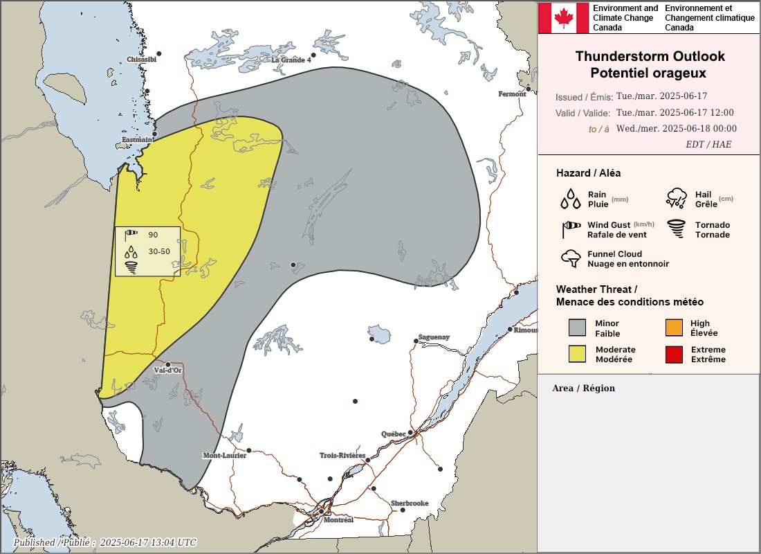 Thunderstorm outlook for Quebec valid today, Tuesday June 17.

Any report of damage can be sent to Environment and Climate Change Canada using #QCstorm or by emailing QCstorm@ec.gc.ca.