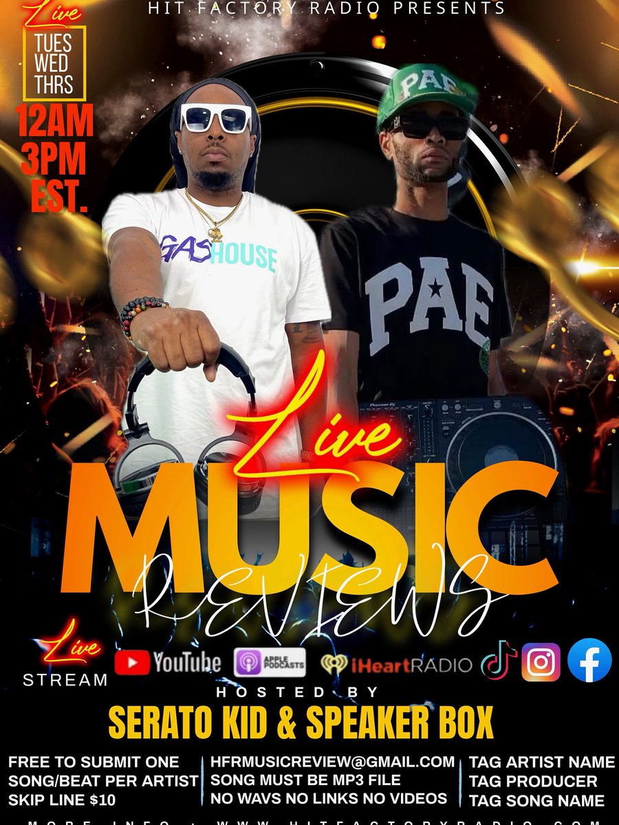 HitFactoryRadio's tweet image. Send Your Song Now For Your Chance To Win Spins + Promo on @HitFactoryRadio 
( hfrmusicreview@gmail.com ) 
TAG ARTIST NAME + SONG NAME + PRODUCER • MP3 File Only • No Links No Wav Files • Free To Submit One Song Per Artist • Skip Line $10 • Show starts at 12pm on YouTube