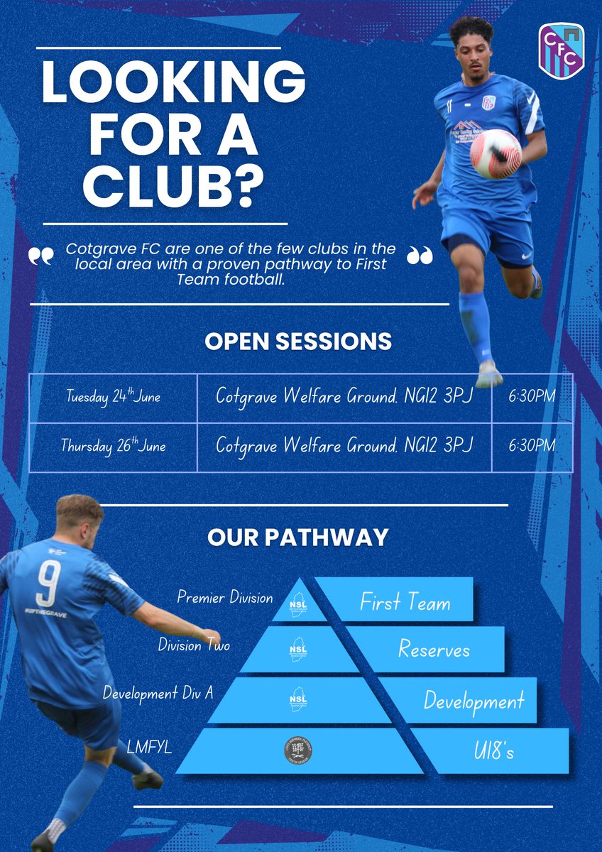 🟣🔵 Looking for a new club? 🟣🔵

Cotgrave FC are recruiting players aged 16+ to join our thriving adult setup. A clear path to the first team, great environment, and real progression. Be part of something special.

📥 DM us or contact Adam: 07799 565225
#nonleague #grassroots