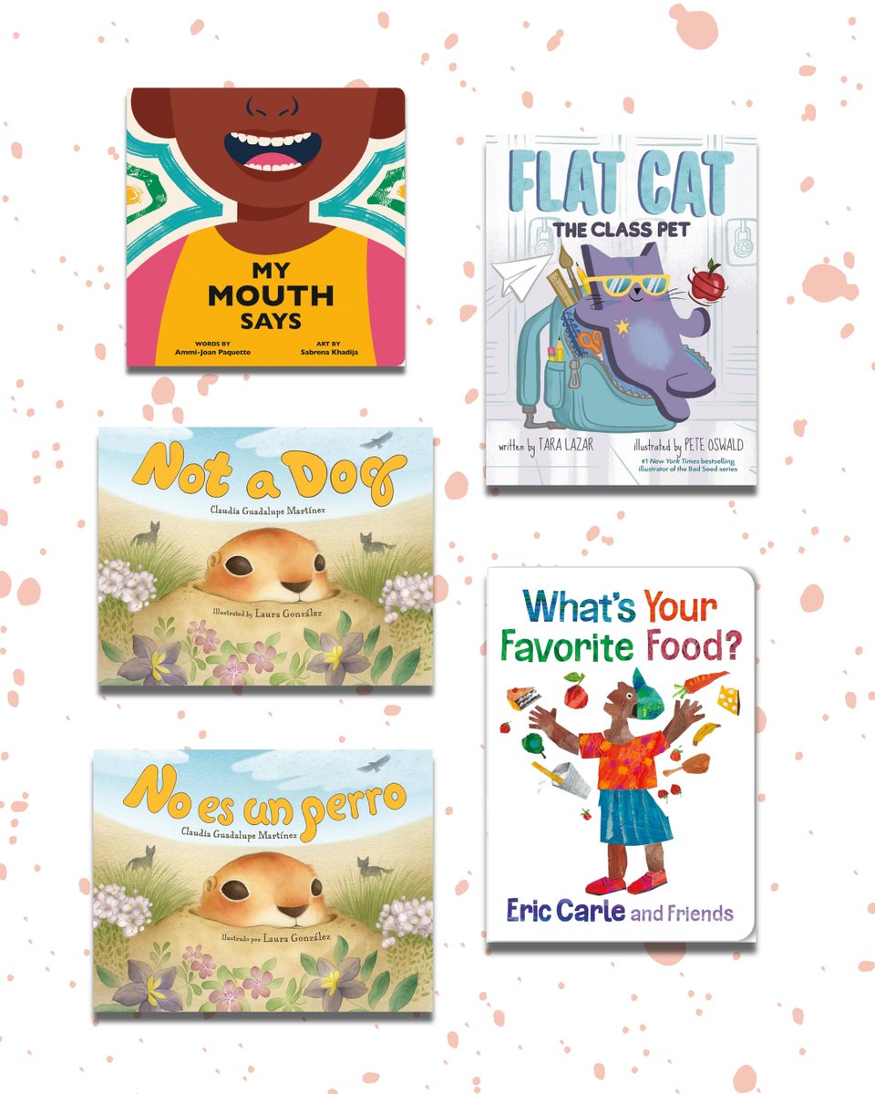 Happy publication day!🦋✨

📚 Ammi-Joan Paquette’s MY MOUTH SAYS 
📚 Claudia Guadalupe Martinez’s NOT A DOG &amp; NO ES UN PERRO 
📚 Tara Lazar’s FLAT CAT 
📚 Illustrator Juliet Menendez’s WHAT’S YOUR FAVORITE FOOD?