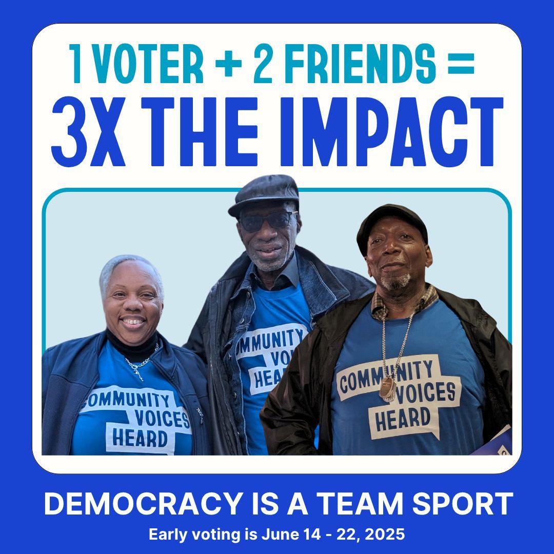 Democracy is a team sport! When you vote AND bring 2 friends, you triple your impact on the issues that matter. 

Text your squad, make a plan together, and show up strong on Election Day! Early voting: June 14-22. #Vote