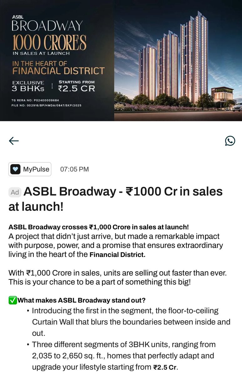 The ASBL guys seem to think they are marketing geniuses, but it will backfire in long term. 

1000 Crs of sales. No way ! 

The whole project has 885 flats, so about 2500 crores in revenue. 

No one is booking 1000 Crores of sales in Hyderabad real estate in a day. 

What was the