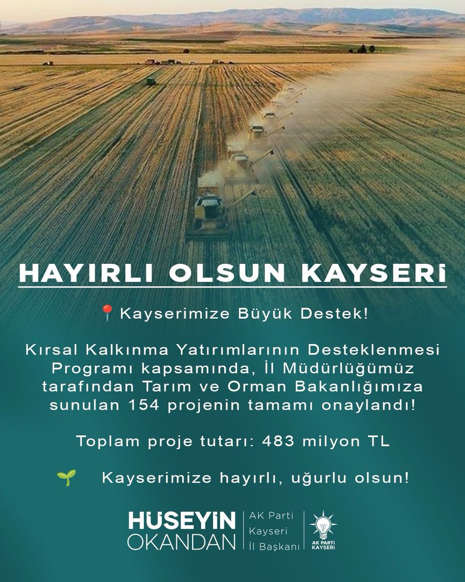 📍 Kayserimize Büyük Destek!

Kırsal Kalkınma Yatırımlarının Desteklenmesi Programı kapsamında, İl Müdürlüğümüz tarafından Tarım ve Orman Bakanlığımıza sunulan 154 projenin tamamı onaylandı!

Toplam proje tutarı: 483 milyon TL

🌱 Kayserimize hayırlı, uğurlu olsun!