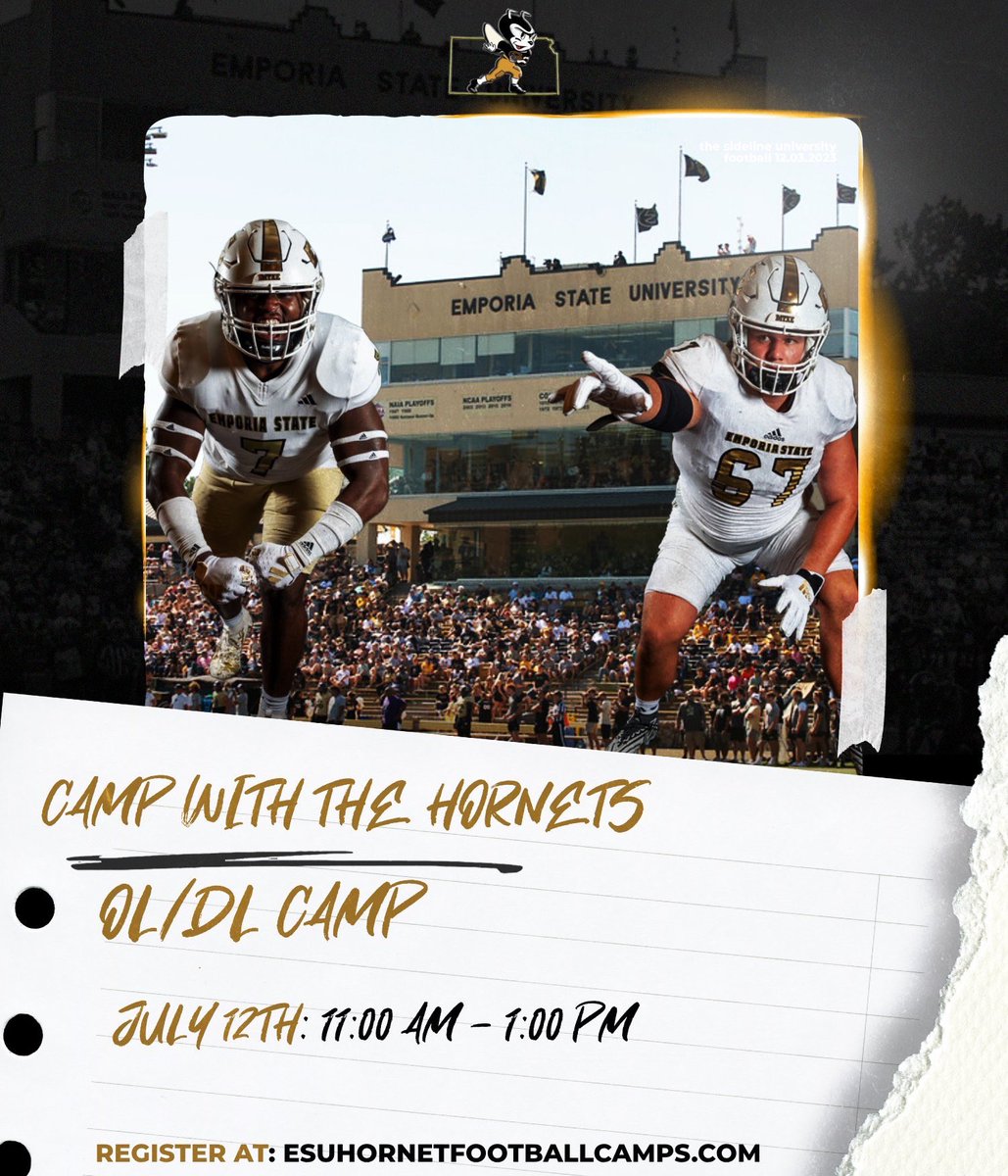 Vincent Cashdollar (@coachcash1) on Twitter photo All starts up front! 5 All American picks between the OL/DL in the last 3 seasons.
Lots of reps✅
Coaching/Development✅
Evaluation opportunity✅
Check out beautiful ESU/Emporia✅
Sign up link below⬇️⬇️⬇️:
register.ryzer.com/camp.cfm?sport… All starts up front! 5 All American picks between the OL/DL in the last 3 seasons.
Lots of reps✅
Coaching/Development✅
Evaluation opportunity✅
Check out beautiful ESU/Emporia✅
Sign up link below⬇️⬇️⬇️:
register.ryzer.com/camp.cfm?sport…