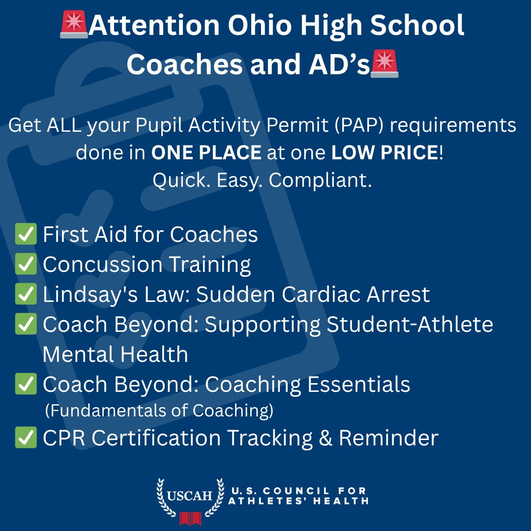 🚨OHIO HIGH SCHOOL COACHES AND AD’s🚨

For the first time, coaches can meet all Pupil Activity Permit requirements in one easy-to-use platform.

Administrators: Contact USCAH for a demo of the district-wide solution to the state requirements. uscah.com/connect-with-u…

Coaches:
