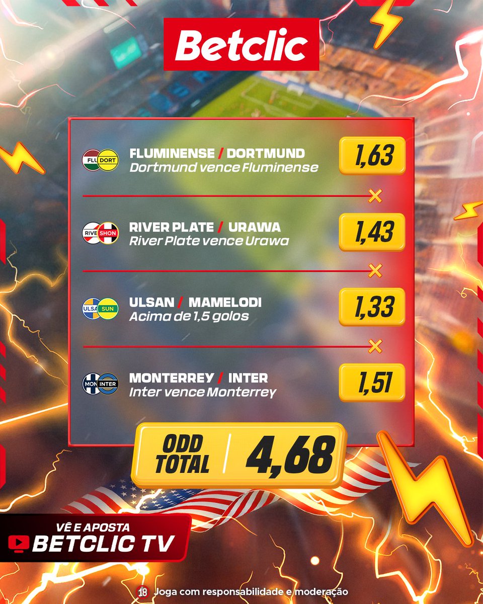 ⚽🇺🇸 Aqui vai a nossa dica para hoje, ODD 4.68! Se esta aposta bater sorteamos 10€ em Freebets para 20 pessoas!

- Segue a @Betclicportugal
- Dá RT + Like
- Comenta #DicaBetclic + Username

1 comentário por pessoa.