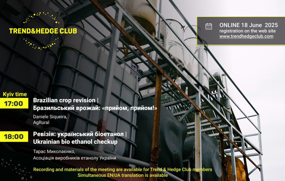 Wednesday June 18:
<a href="/AgRural/">AgRural 🇧🇷</a> with Brazilian crop forecast and Ukrainian bio ethanol market “in the club”:

Link to join online 
trendhedgeclub.com