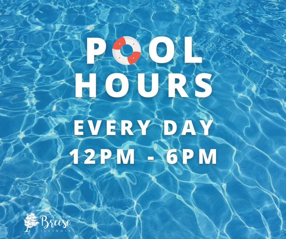 The pool hours are 12PM - 6PM each day. Please visit breese.org/breese-pool/ for the closing policy. #cityofbreeseil #PublicPool