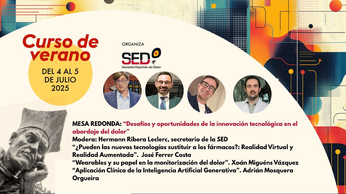 No te pierdas la MESA REDONDA: “Desafíos y oportunidades de la innovación tecnológica en el abordaje del dolor” Modera: <a href="/HermannRibera/">Hermann Ribera</a>, secretario <a href="/sedolor/">Sociedad Española del Dolor</a> 
⭕“¿Pueden las nuevas tecnologías sustituir a los fármacos?: Realidad Virtual y Realidad Aumentada” <a href="/JoseFerrerWorld/">Jose Ferrer</a> de