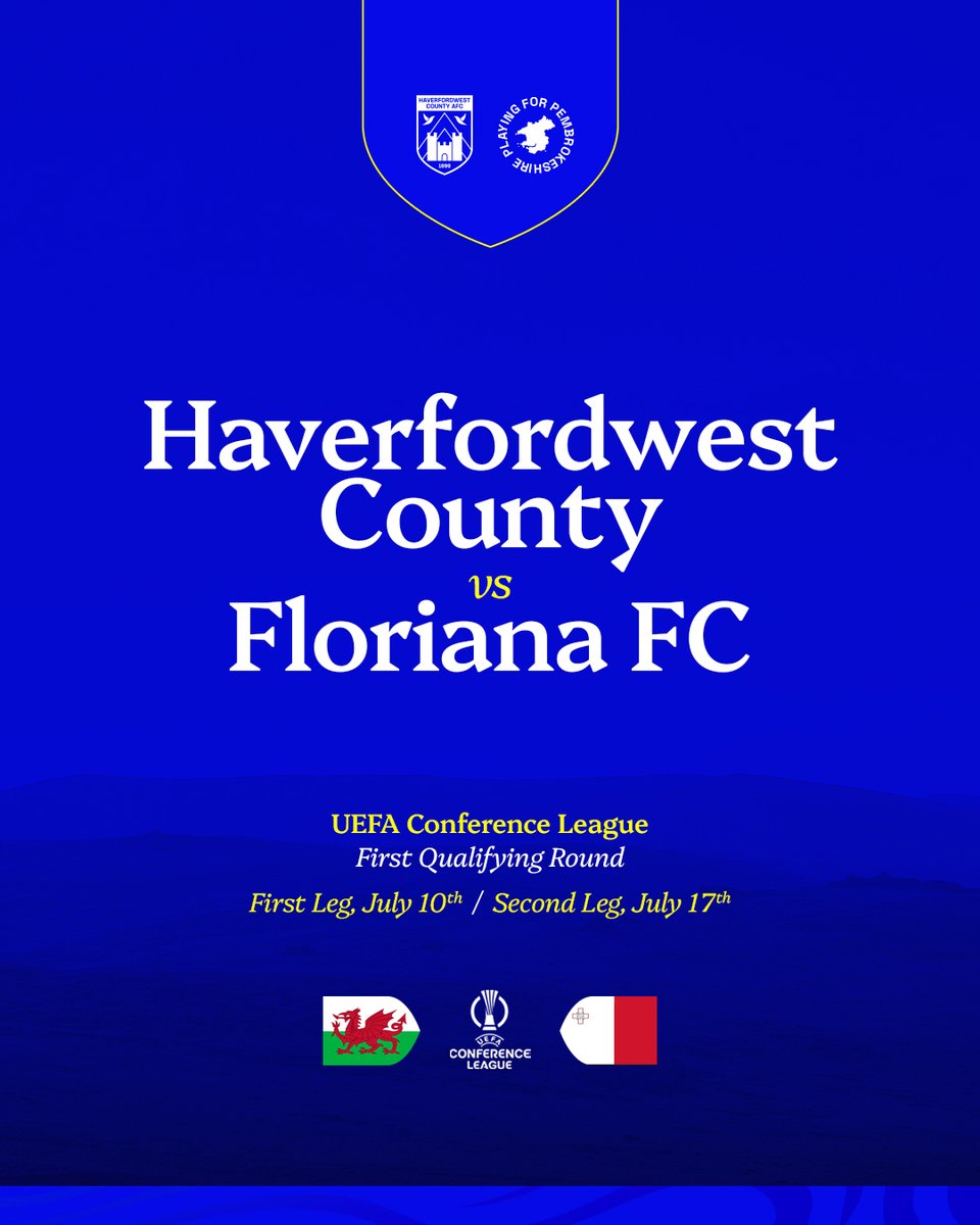 HaverfordwestFC's tweet photo. Haverfordwest County have been drawn to face Floriana of Malta in the first qualifying round of the 2025-26 @Conf_League! 🇪🇺🎩

#BluebirdsInEurope https://t.co/3mywugYMBz
