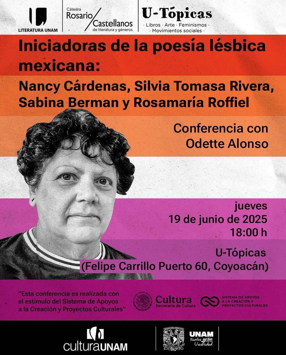 Cecomún (@cecomun_) on Twitter photo #LuchasEnAgenda | 19 de junio | CDMX
<a href="/u_topicas/">U-Tópicas</a> y la Cátedra #RosarioCastellanos <a href="/CulturaUNAM/">CulturaUNAM</a> invitan a una conferencia sobre Iniciadoras de la poesía lésbica en México.
Con participación de <a href="/OdetteAlonso/">Odette Alonso</a> 👇
🕒 18:00 h 📍 Felipe Carrillo Puerto 60, Coyoacán #LuchasEnAgenda | 19 de junio | CDMX
<a href="/u_topicas/">U-Tópicas</a> y la Cátedra #RosarioCastellanos <a href="/CulturaUNAM/">CulturaUNAM</a> invitan a una conferencia sobre Iniciadoras de la poesía lésbica en México.
Con participación de <a href="/OdetteAlonso/">Odette Alonso</a> 👇
🕒 18:00 h 📍 Felipe Carrillo Puerto 60, Coyoacán