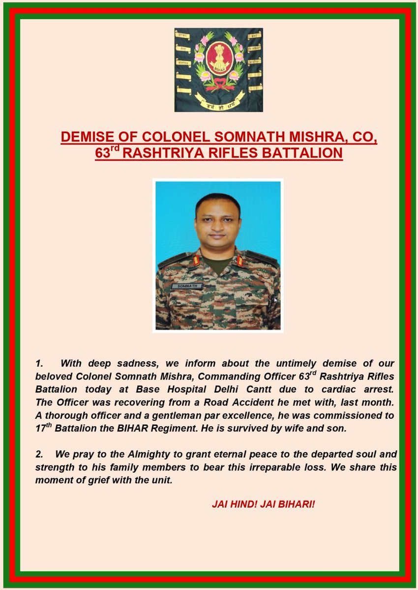 Mourning the demise of Colonel Somnath Mishra, CO 63 RR. 

We remember his contribution to the regiment. Heartfelt condolences to the family.

<a href="/adgpi/">ADG PI - INDIAN ARMY</a>