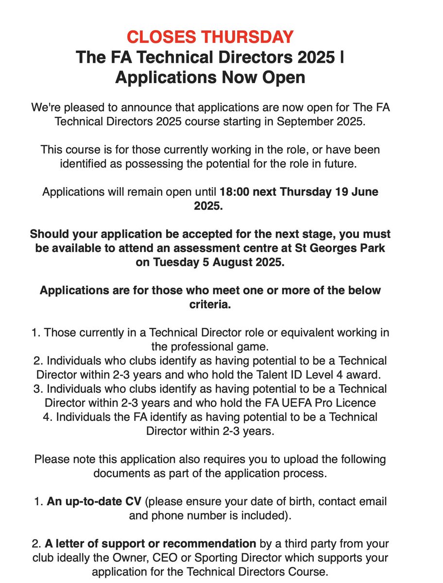 The <a href="/EnglandLearning/">England Football Learning</a> Technical Directors application window closes this Thursday, please see below if interested and appropriate…
