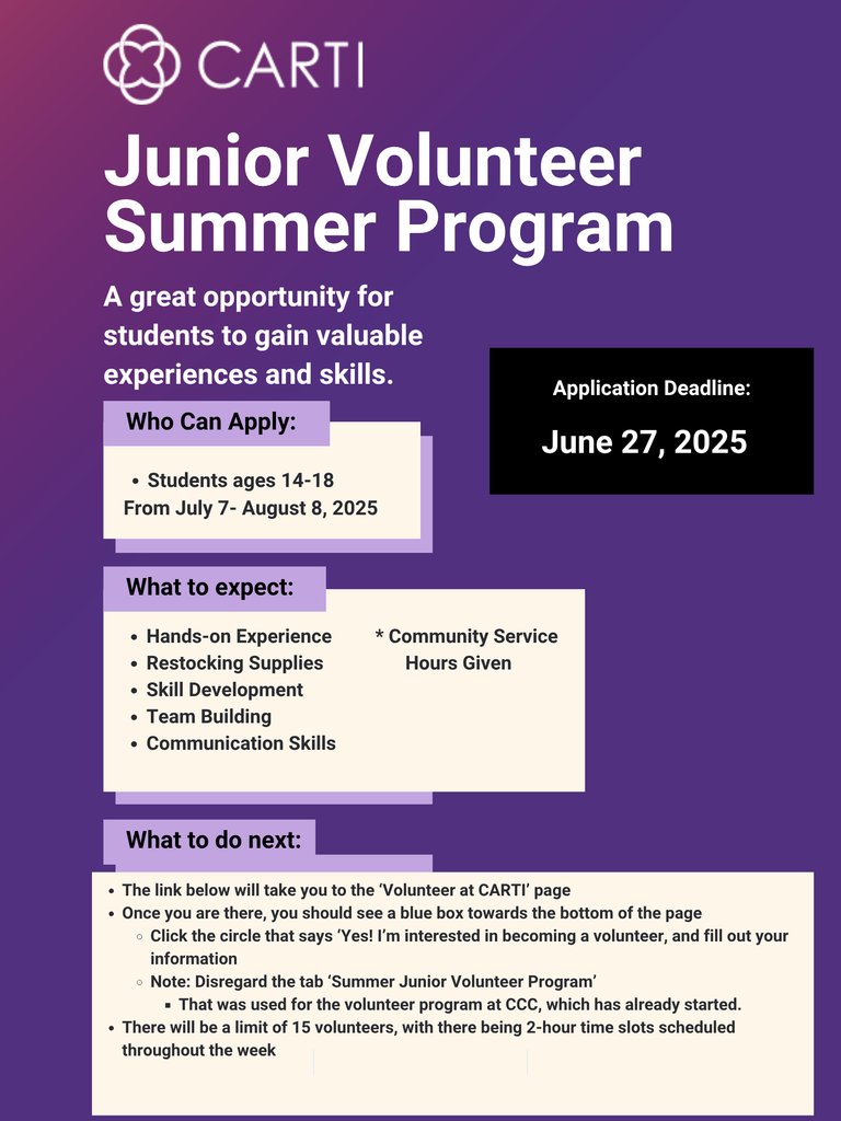 EHSGoCats's tweet image. We have a great opportunity for EHS students ages 14-18 interested in volunteering at the El Dorado Carti this summer! Click the link below for more information. The application deadline is June 27, 2025.
carti.com/foundation/vol…