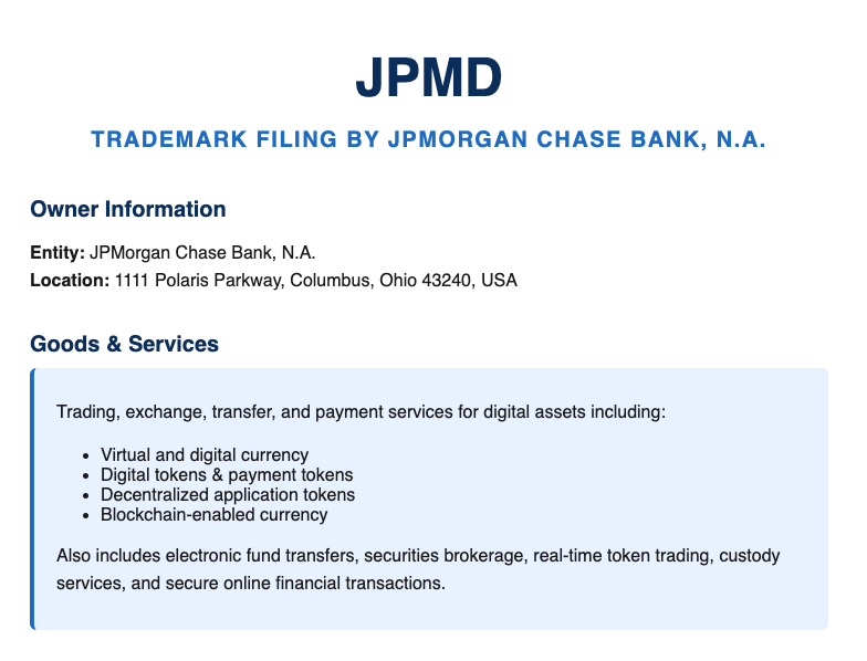 5分钟了解为什么摩根大通提交JPMD商标申请？

最近，摩根大通提交了JPMD商标申请。

申请内容涉及：

- 数字货币发行、交易与支付
- 跨境实时清算
- 资金托管与证券经纪

表面上看，这像是传统银行进军稳定币市场的新动作。
但很多人忽略了背后真正正在酝酿的，是美元清算体系内部的一次权力迁移。
